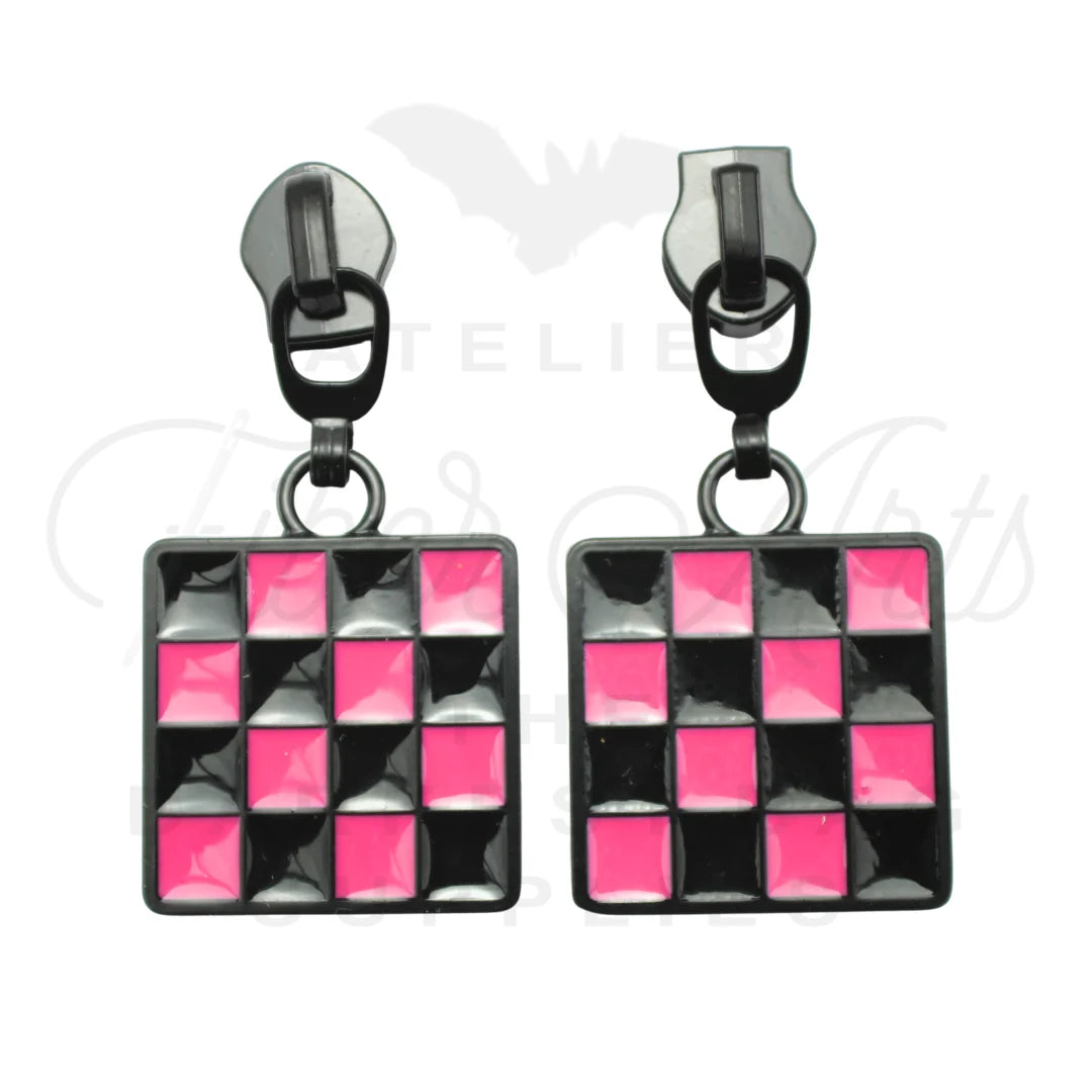 Hot Pink Checkerboard #5 Zipper Pulls (2 Pack) | Atelier Fiber Arts