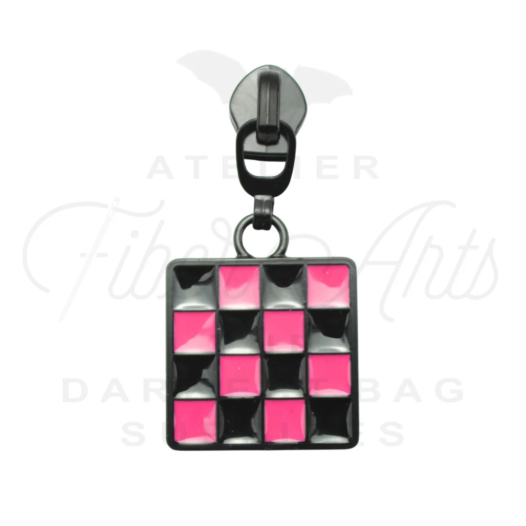 Hot Pink Checkerboard #5 Zipper Pulls (2 Pack) | Atelier Fiber Arts